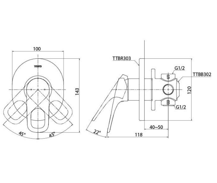 Bản vẽ van chuyển hướng TTBR303 TTBB302 TOTO