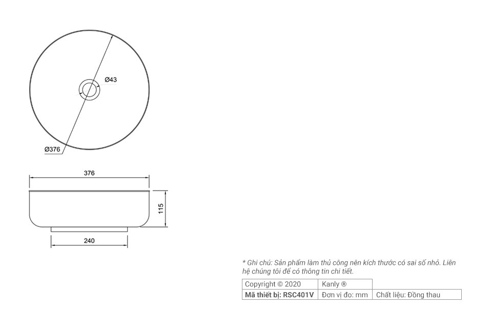 Chậu rửa lavabo bằng đồng Kanly RSC401V/02V bản vẽ