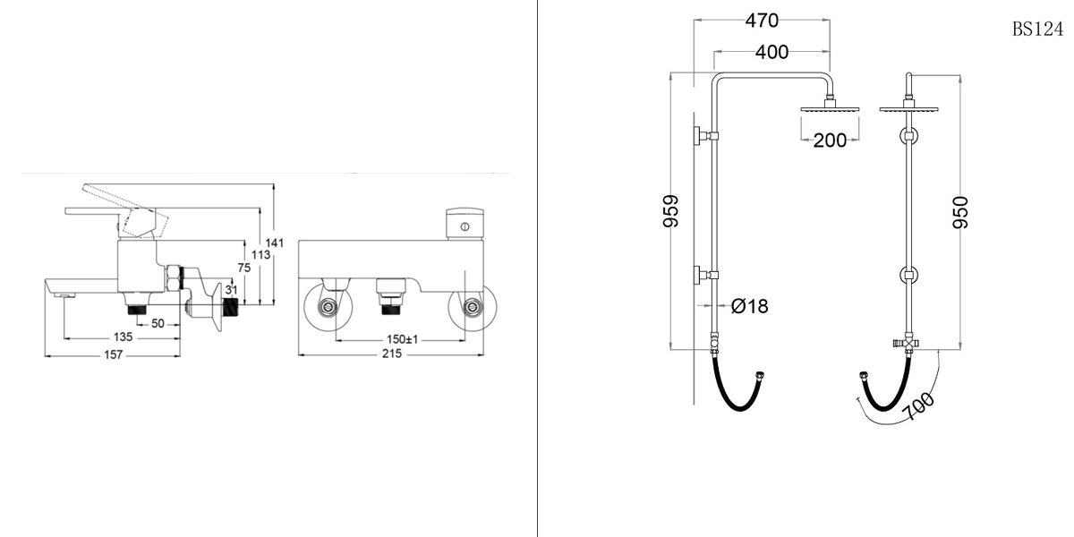 Bản vẽ kỹ thuật bộ sen cây tắm đứng nóng lạnh Caesar BS124 + S553C