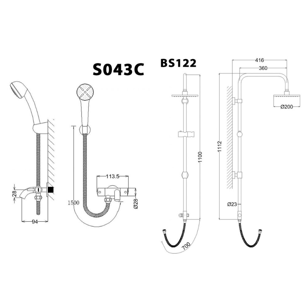 Bản vẽ kỹ thuật của bộ sen cây tắm đứng nóng lạnh Caesar BS122+S043C