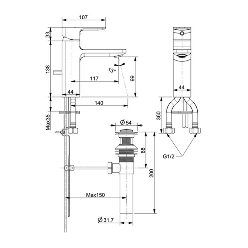 Bản vẽ kỹ thuật vòi lavabo nóng lạnh American Standard WF-1301
