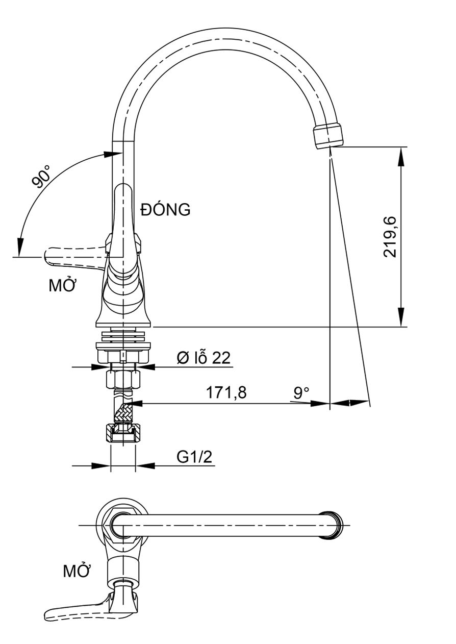 Bản vẽ kỹ thuật vòi rửa chén Luxta L3106T3
