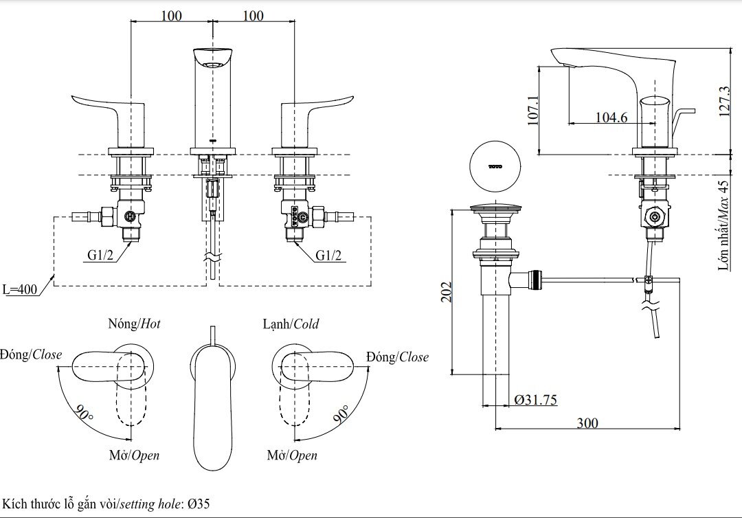 Bản vẽ vòi gắn chậu lavabo TOTO TLG 01201 B