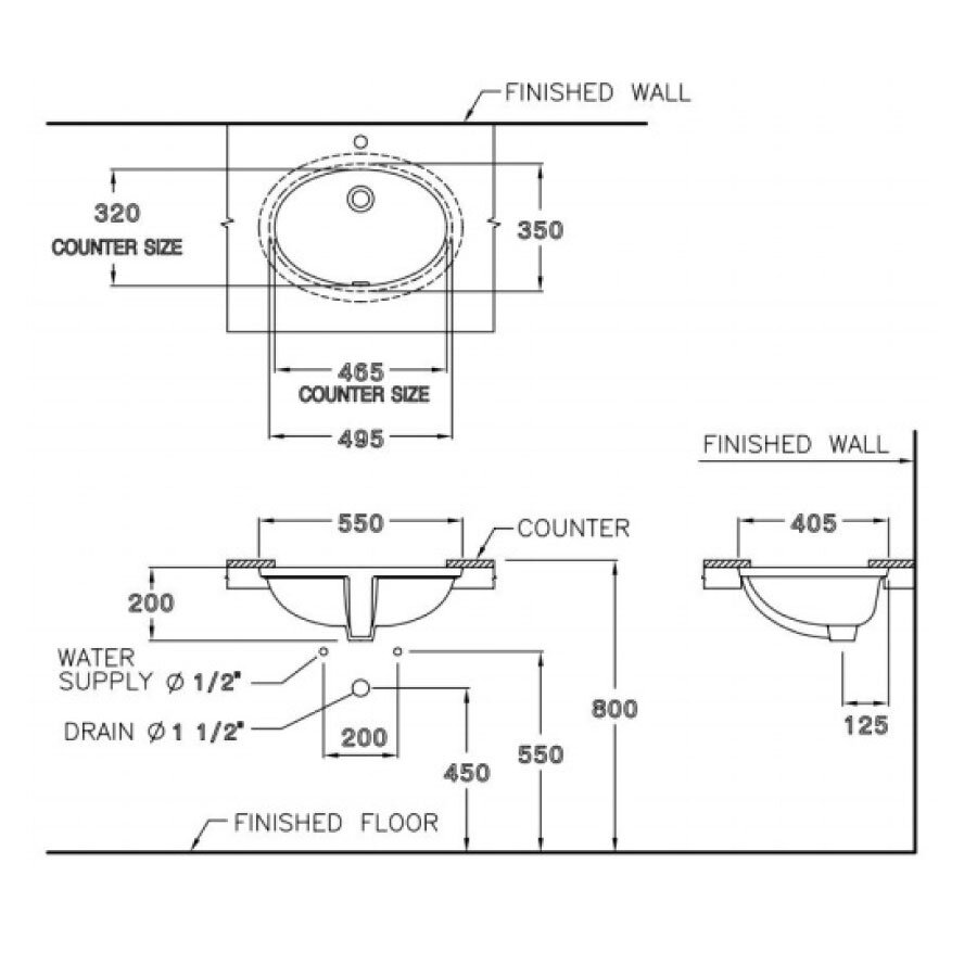 Bản vẽ kỹ thuật chậu rửa lavabo COTTO âm bàn C017