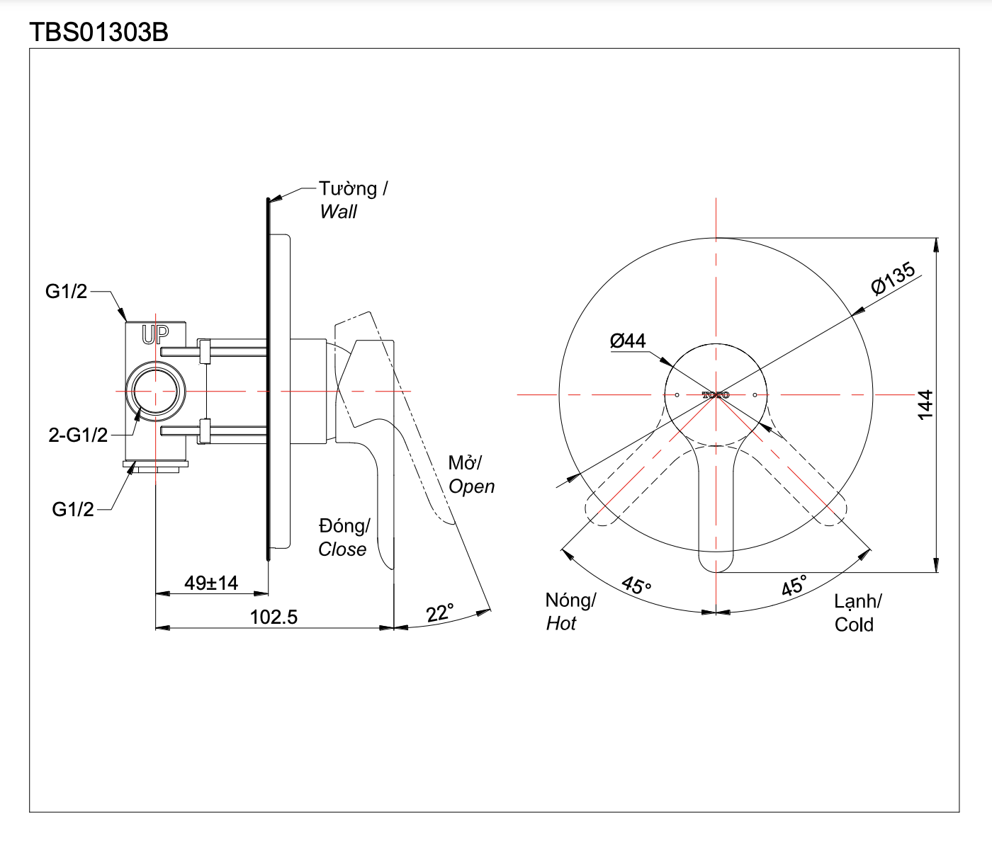 Bản vẽ kỹ thuật van gật gù điều chỉnh nhiệt độ tắm nóng lạnh TOTO LB TBS01303B