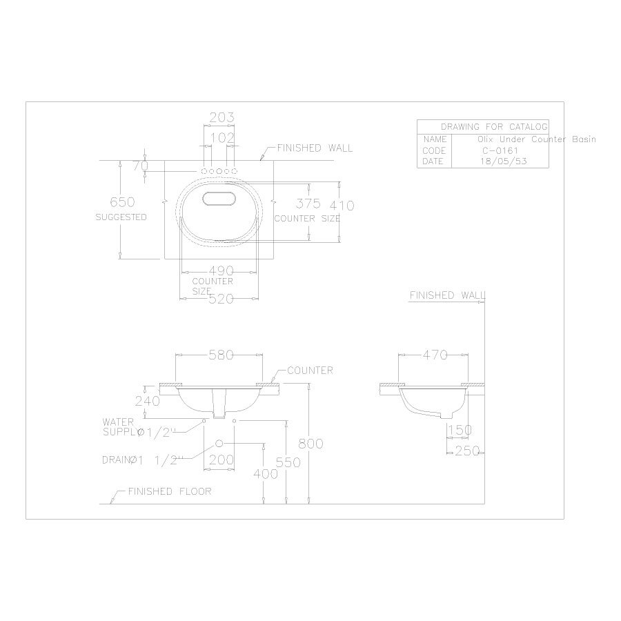 Bản vẽ kỹ thuật chậu rửa lavabo COTTO âm bàn C016