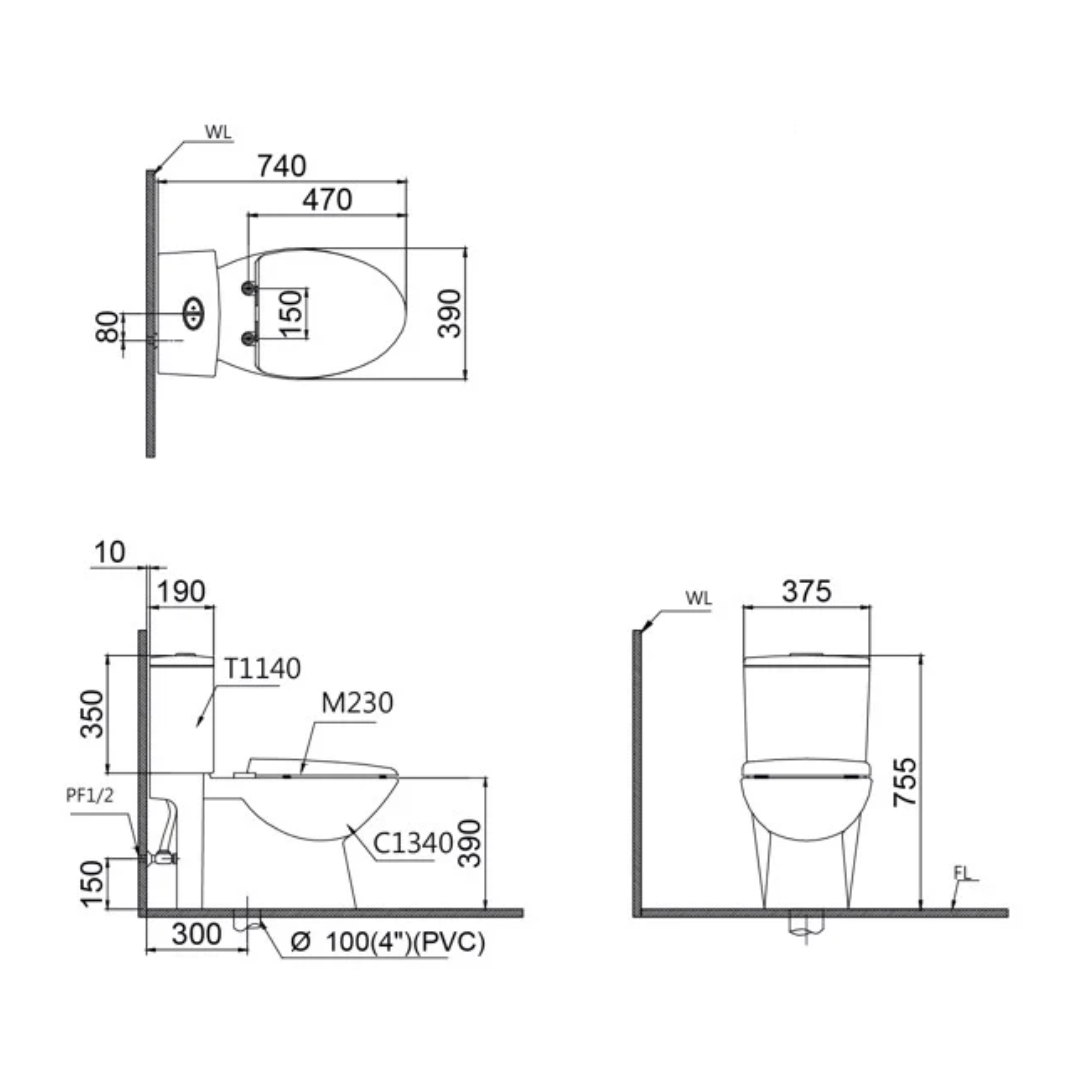 Bản vẽ kỹ thuật bồn cầu 2 khối CAESAR nắp rửa điện tử CD1340+TAF200H