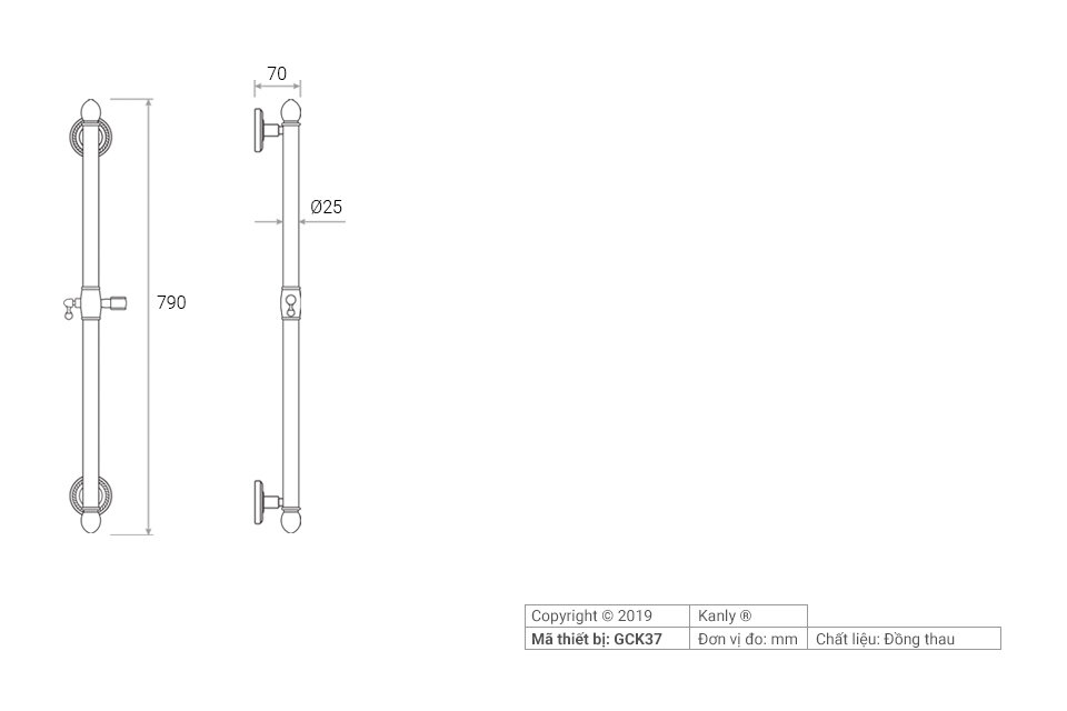 Bản vẽ kỹ thuật thanh trượt sen tắm Kanly GCK37