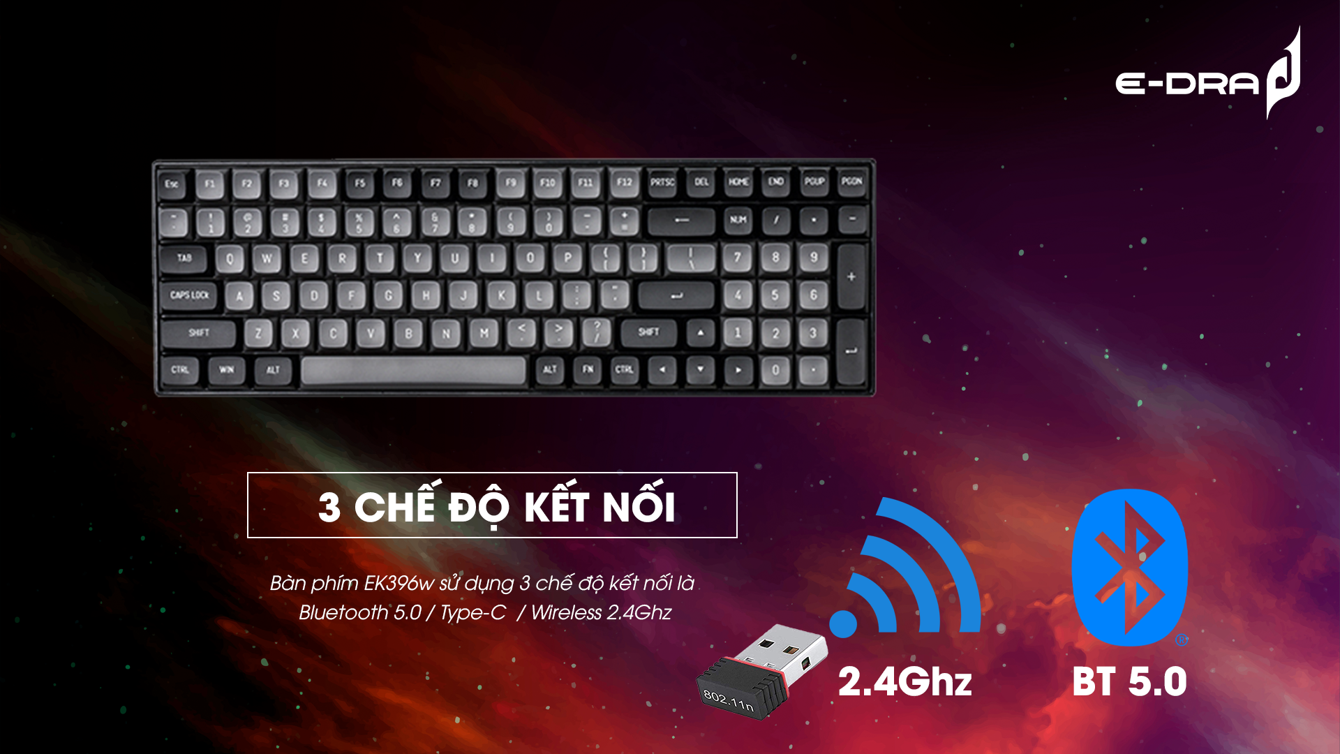 Bàn phím cơ không dây Edra EK396W V2 Blue sw (USBC/PBT/Bluetooth/3mode)