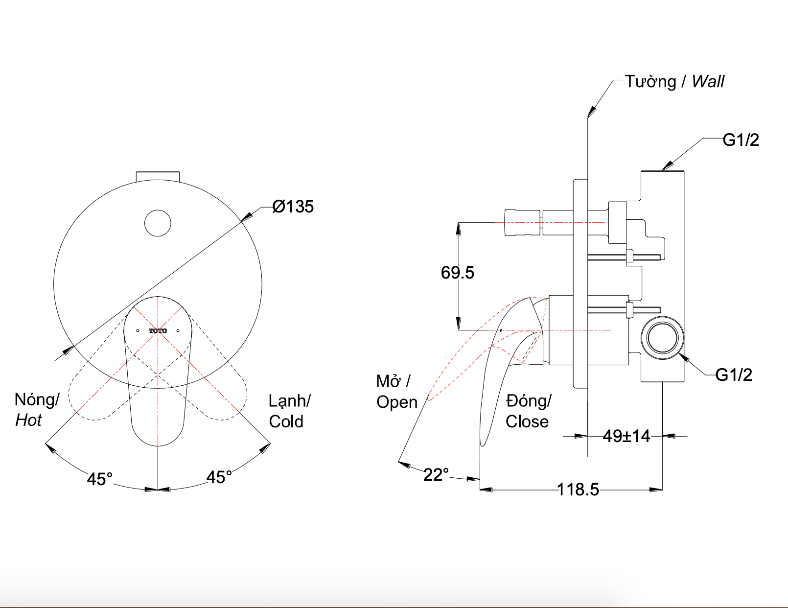 Bản vẽ kỹ thuật van gật gù điều chỉnh nhiệt độ sen tắm nóng lạnh TOTO LC TBS03304B
