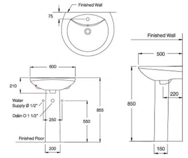 Bản vẽ kỹ thuật chậu rửa lavabo treo tường chân dài C0107/C411 COTTO