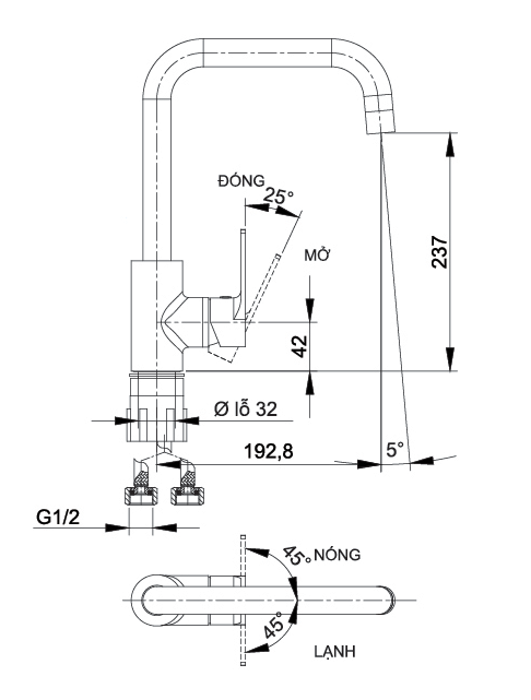 Bản vẽ kỹ thuật vòi rửa chén nóng lạnh Luxta L3206NV
