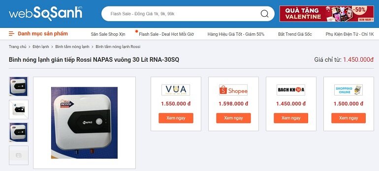 Bình nóng lạnh gián tiếp Rossi NAPAS vuông 30 Lít RNA-30SQ giá bao nhiêu tiền?