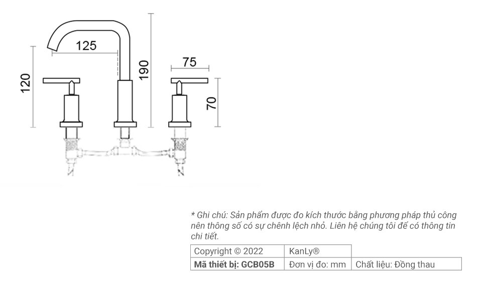 Bản vẽ kỹ thuật vòi chậu âm bàn nóng lạnh bằng đồng Kanly GCB05B