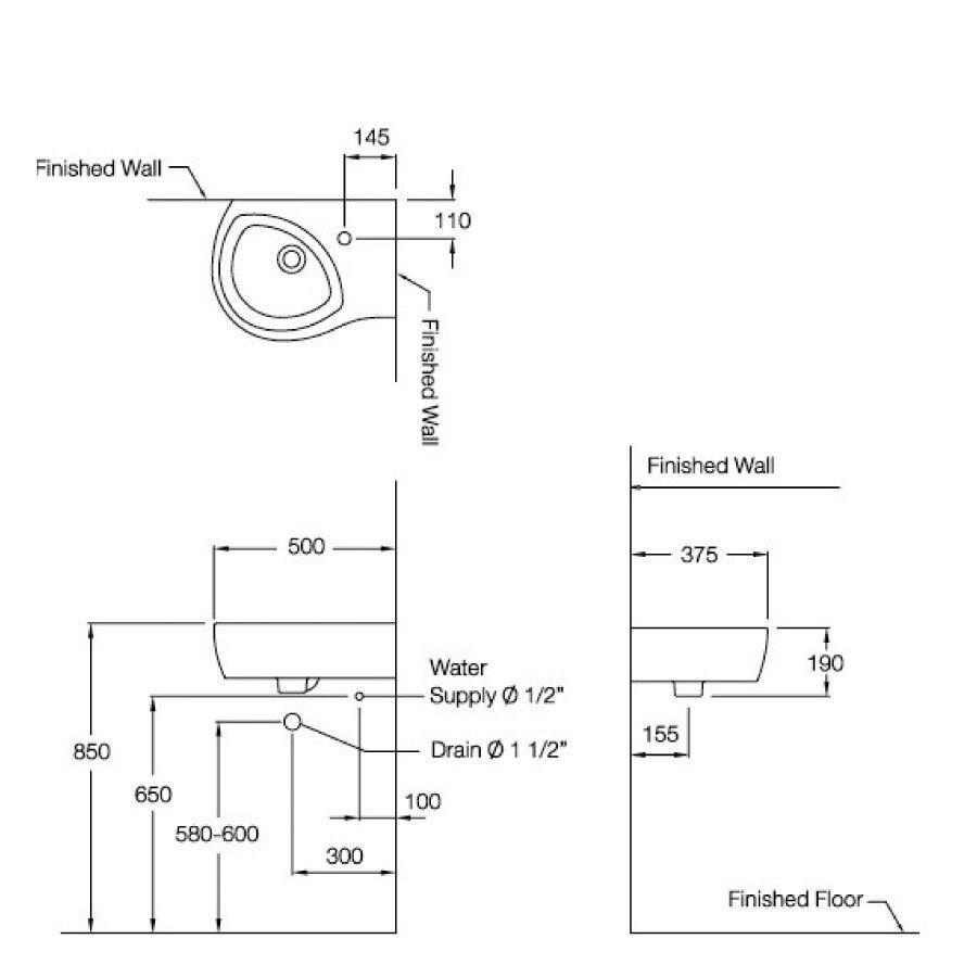 Bản vẽ kỹ thuật chậu rửa lavabo COTTO C02797 treo tường Her