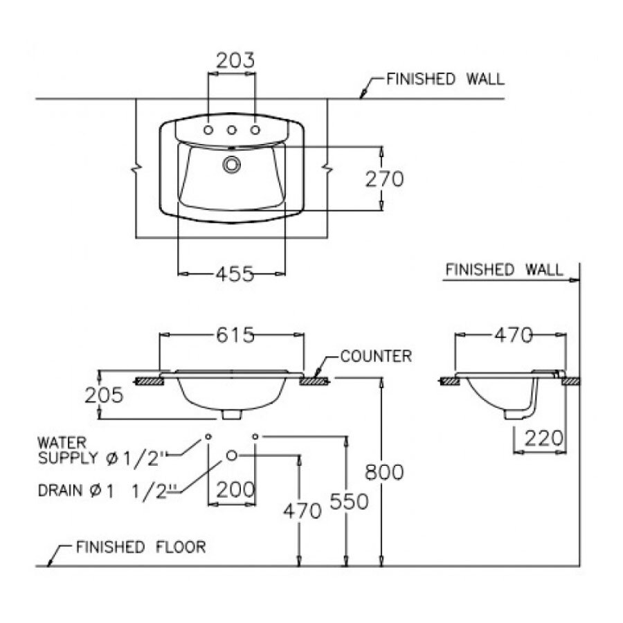 Bản vẽ kỹ thuật chậu rửa lavabo COTTO dương vành C0110