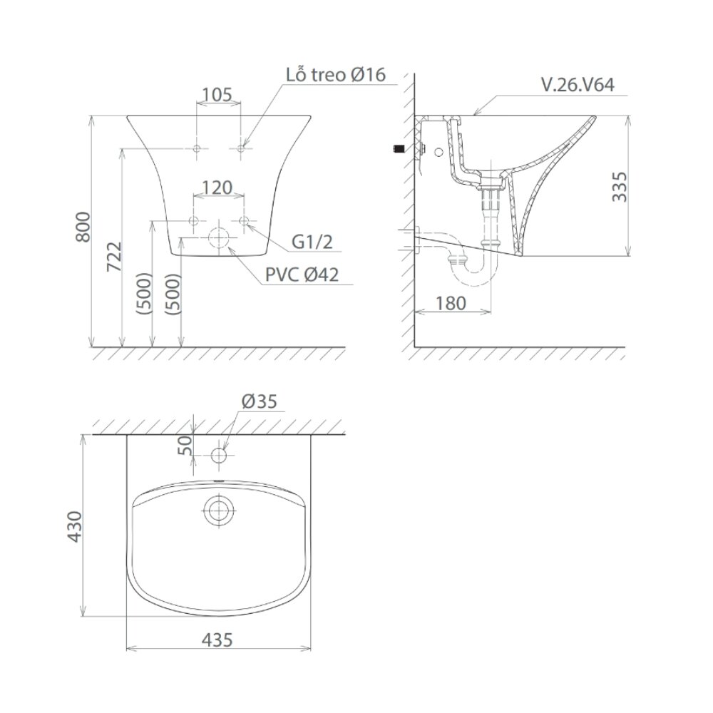 Bản vẽ kỹ thuật chậu rửa lavabo treo tường Viglacera V64 liền khối