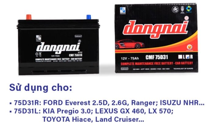 Ắc quy khô ô tô Đồng Nai CMF 75D31 L/R Ắc quy khô ô tô Đồng Nai CMF 75D31 L/R