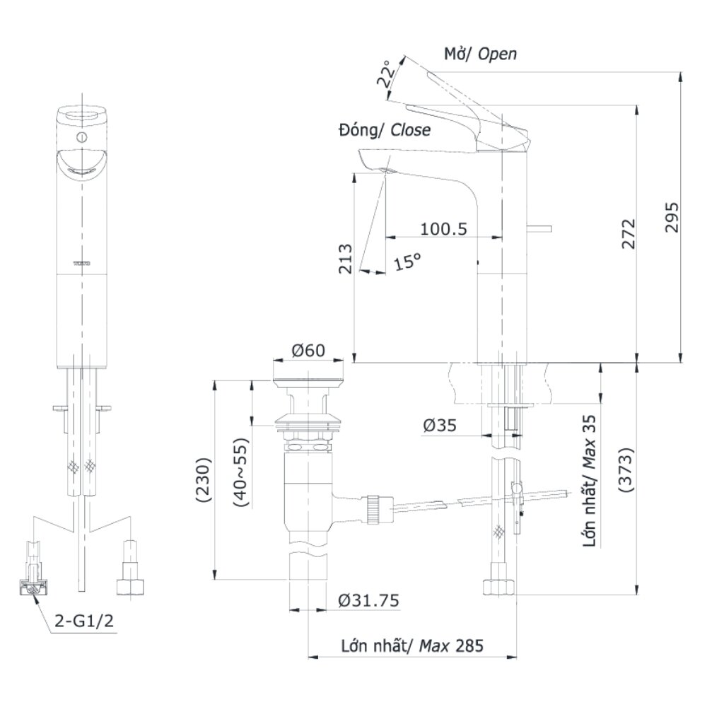 Bản vẽ kỹ thuật vòi chậu lavabo nóng lạnh Rei-R TOTO TTLR301FV-1R