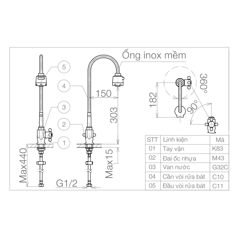 Bản vẽ kỹ thuật vòi rửa bát gắn chậu 1 đường lạnh cần mềm Viglacera VG705