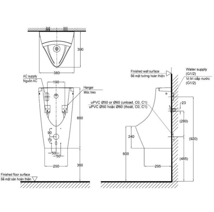 Bản vẽ kỹ thuật chậu tiểu nam TOTO USWN 902 cảm ứng treo tường