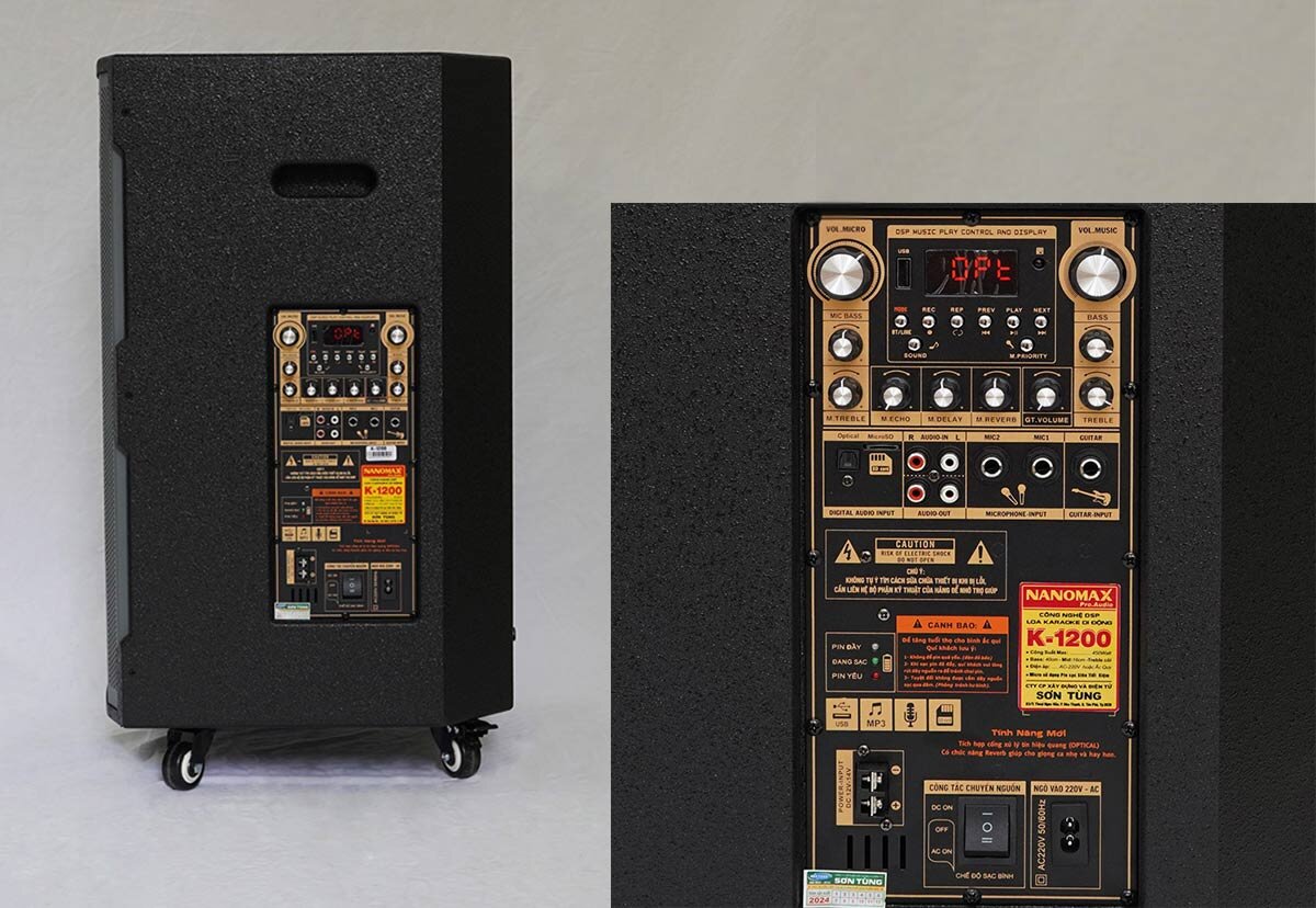 Các cổng kết nối, nút chức năng tích hợp ở mặt bên của loa kéo Nanomax K-1200