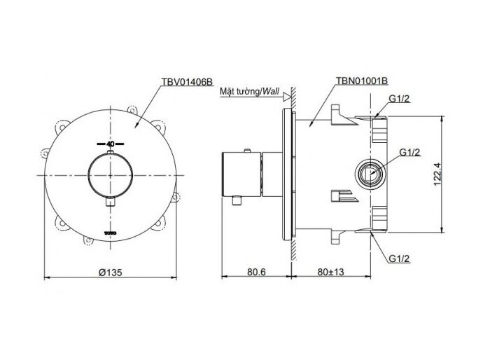 Bản vẽ kỹ thuật van điều chỉnh nhiệt độ TBV01406B TBN01001B TOTO