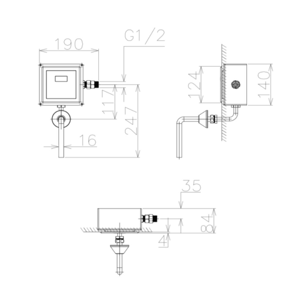 Bản vẽ kỹ thuật bộ xả tiểu cảm ứng âm tường dùng pin Viglacera VG843.1