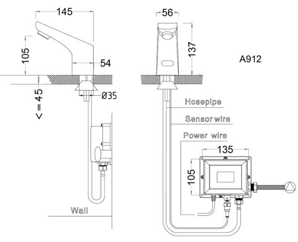 Bản vẽ kỹ thuật vòi rửa cảm ứng Caesar A912 Vòi rửa cảm ứng