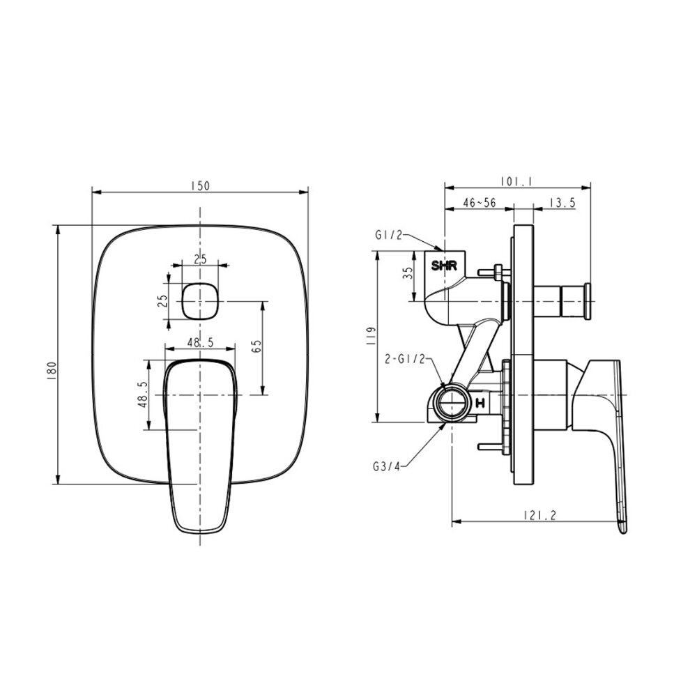 Bản vẽ kỹ thuật van điều chỉnh sen tắm âm tường AMERICAN STANDARD WF-1721