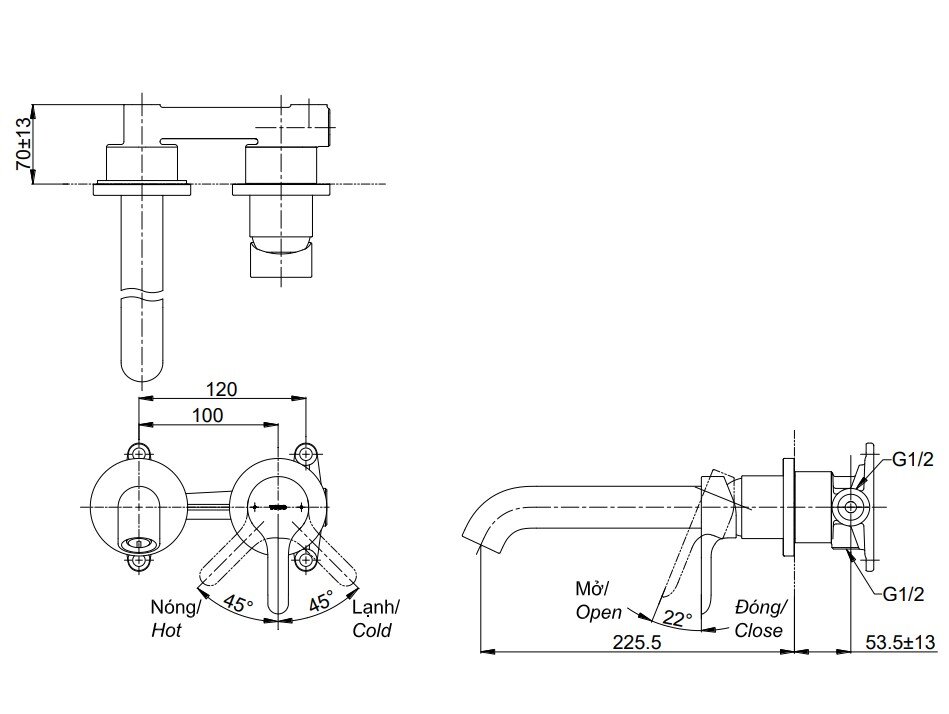 Bản vẽ vòi chậu rửa mặt TLS01310 B TOTO gắn tường