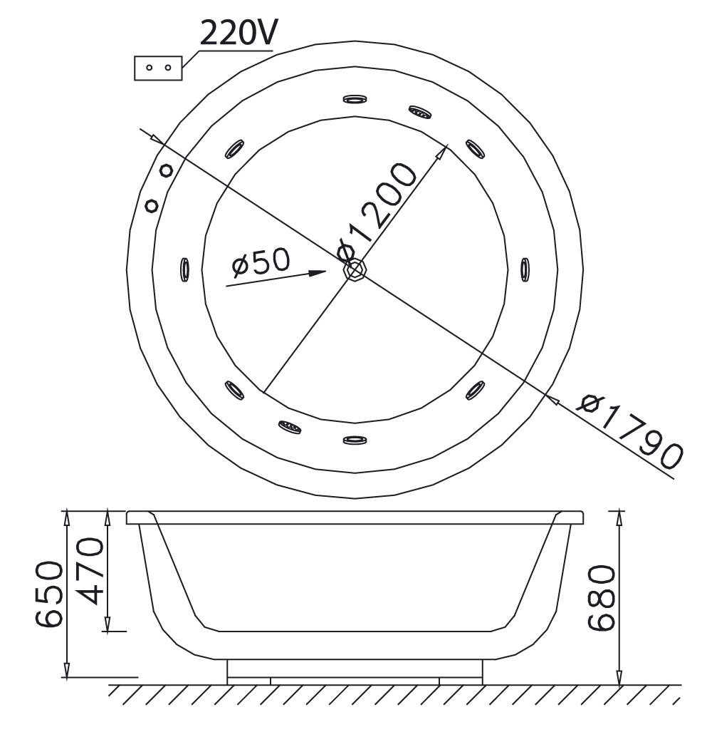 Bản Vẽ Kỹ Thuật Bồn Tắm Massage Tròn Caesar MT6470