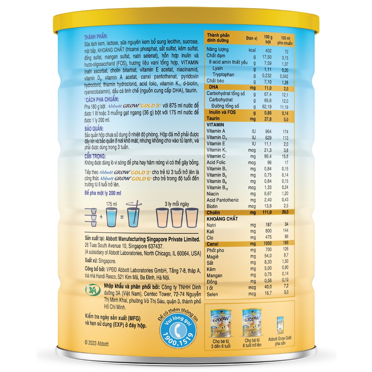 Bảng thành phần sữa Abbott Grow Gold 3+