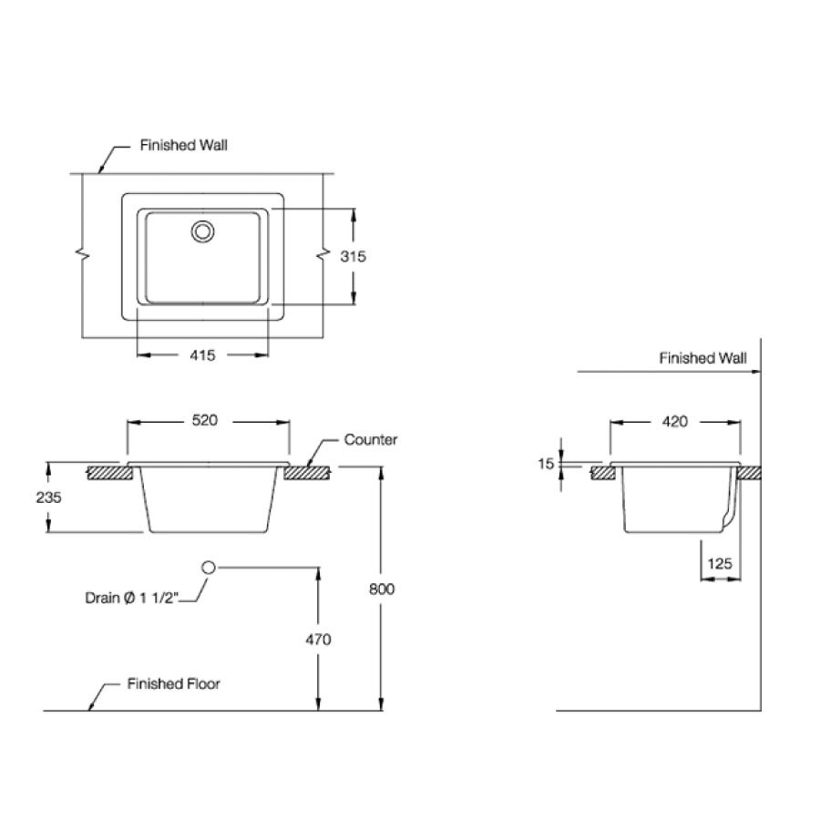Bản vẽ kỹ thuật chậu dịch vụ COTTO đặt bàn C5201