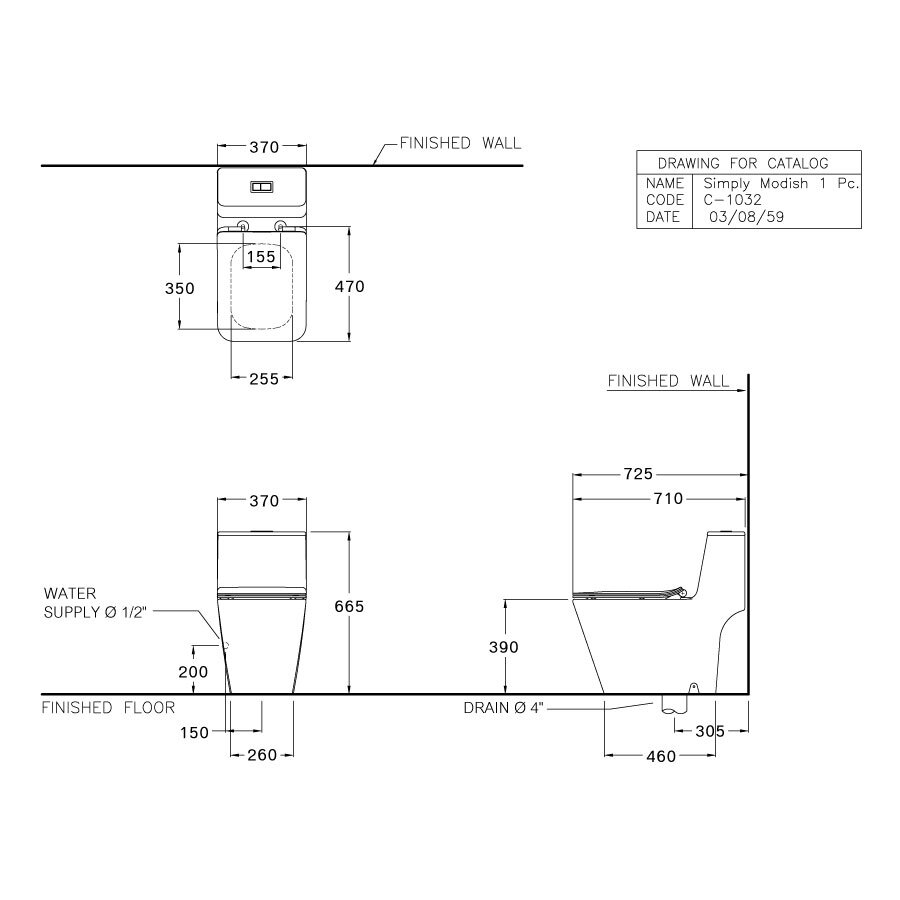 Bản vẽ kỹ thuật của bồn cầu 1 khối Cotto Simply Modish C10327 + C91542