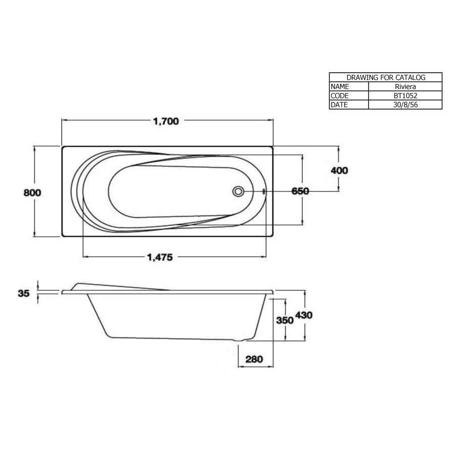 Bản vẽ kỹ thuật bồn tắm COTTO BT1052PP(H) xây bệ không tay vịn