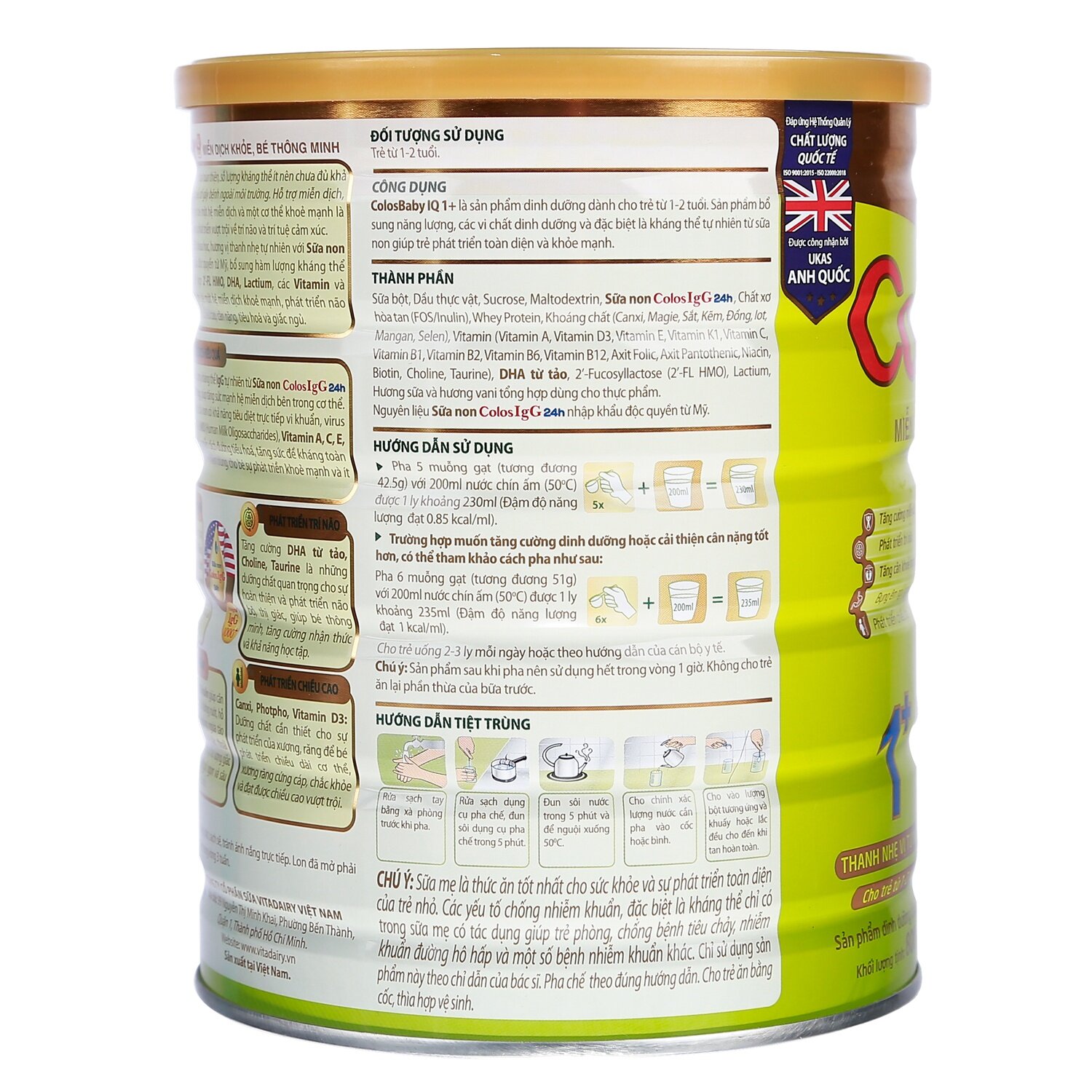 Thành phần dinh dưỡng Sữa bột Colosbaby IQ Gold 1+ 800g (1-2Y)