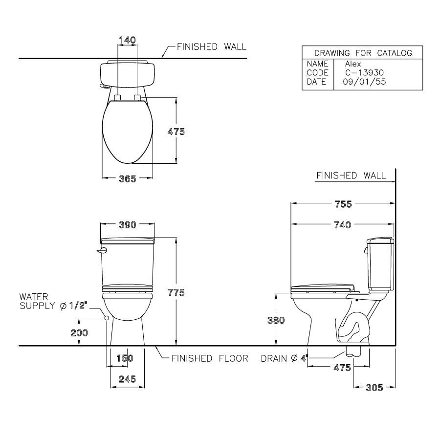 Bản vẽ kỹ thuật bồn cầu 2 khối COTTO C13930 nắp đóng êm Alex