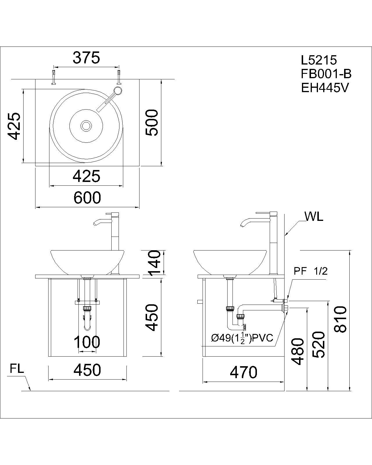 Bản vẽ kỹ thuật chậu Caesar L5215