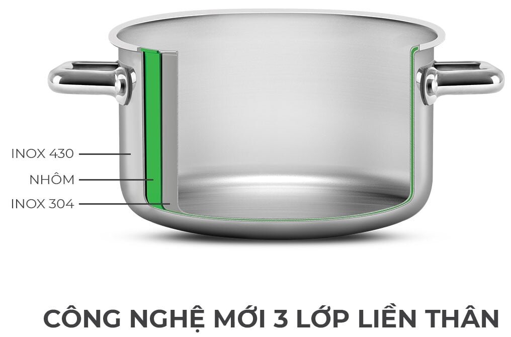 Nồi dày 3 lớp, cứng cáp Nồi inox liền khối