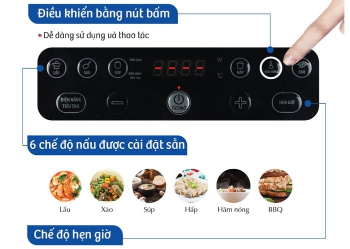 Bếp từ BlueStone ICB-6610 được tích hợp 6 chế độ cài đặt sẵn cùng nhiều tiện ích thông minh