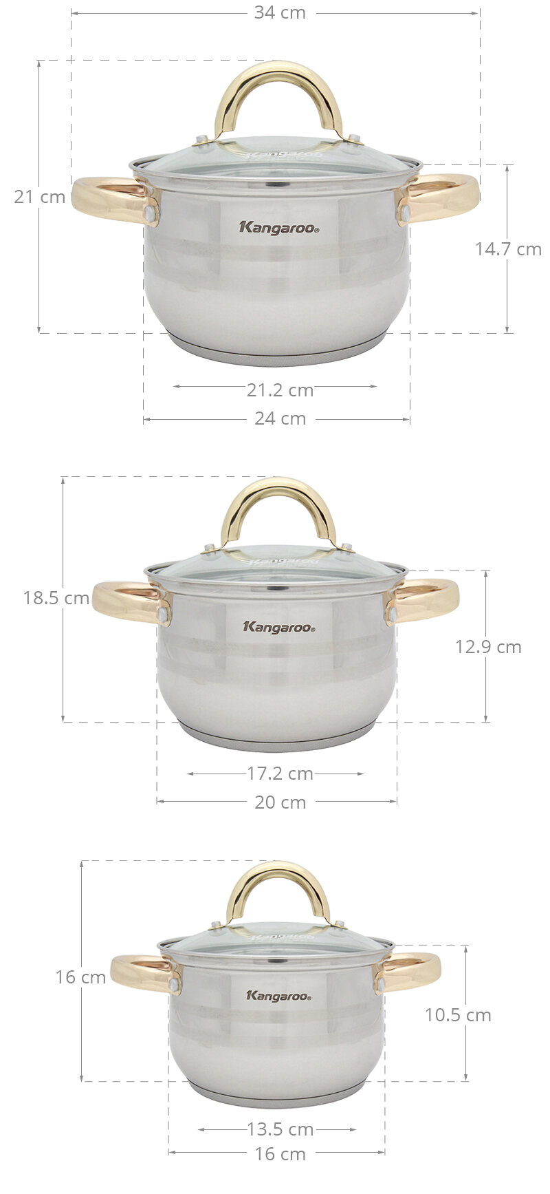Bộ 3 nồi inox 3 đáy 16 20 24 cm Kangaroo KG157 Bộ 3 nồi inox 3 đáy 16 20 24 cm Kangaroo KG157