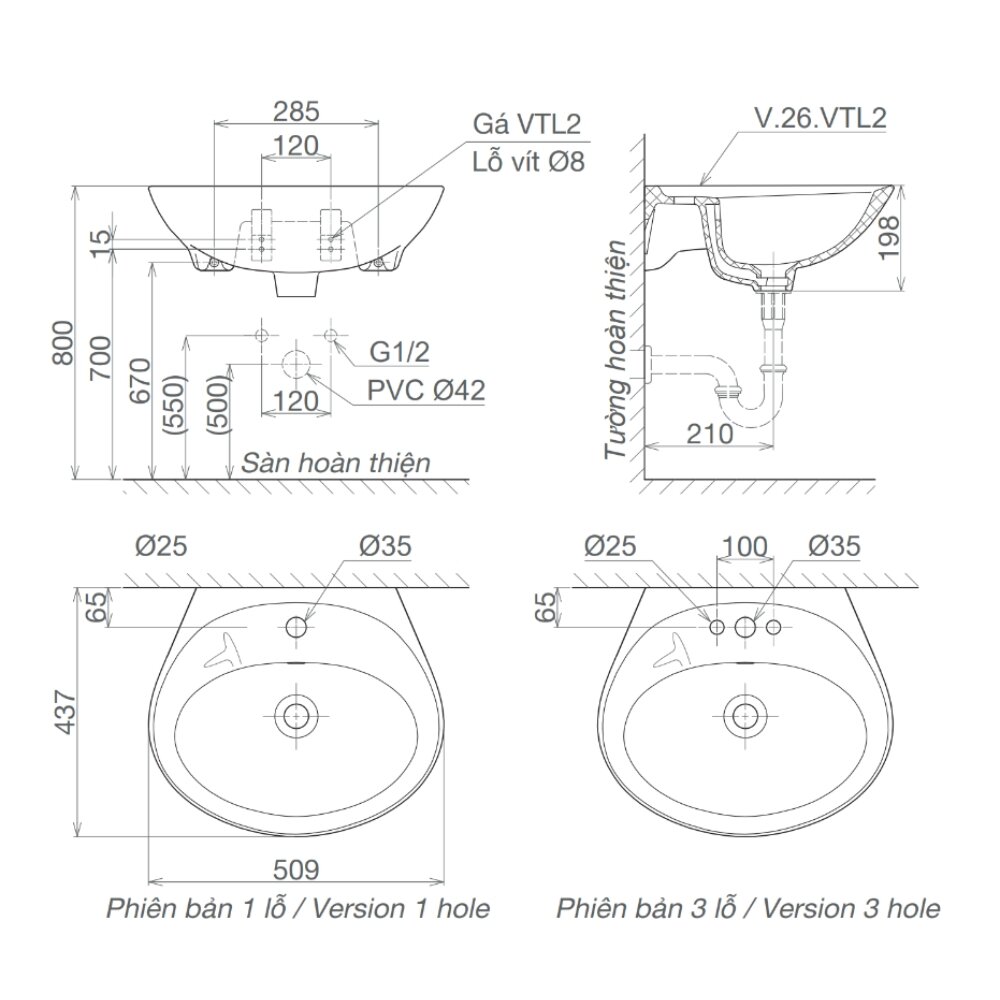 Bản vẽ kỹ thuật chậu rửa lavabo treo tường Viglacera VTL2