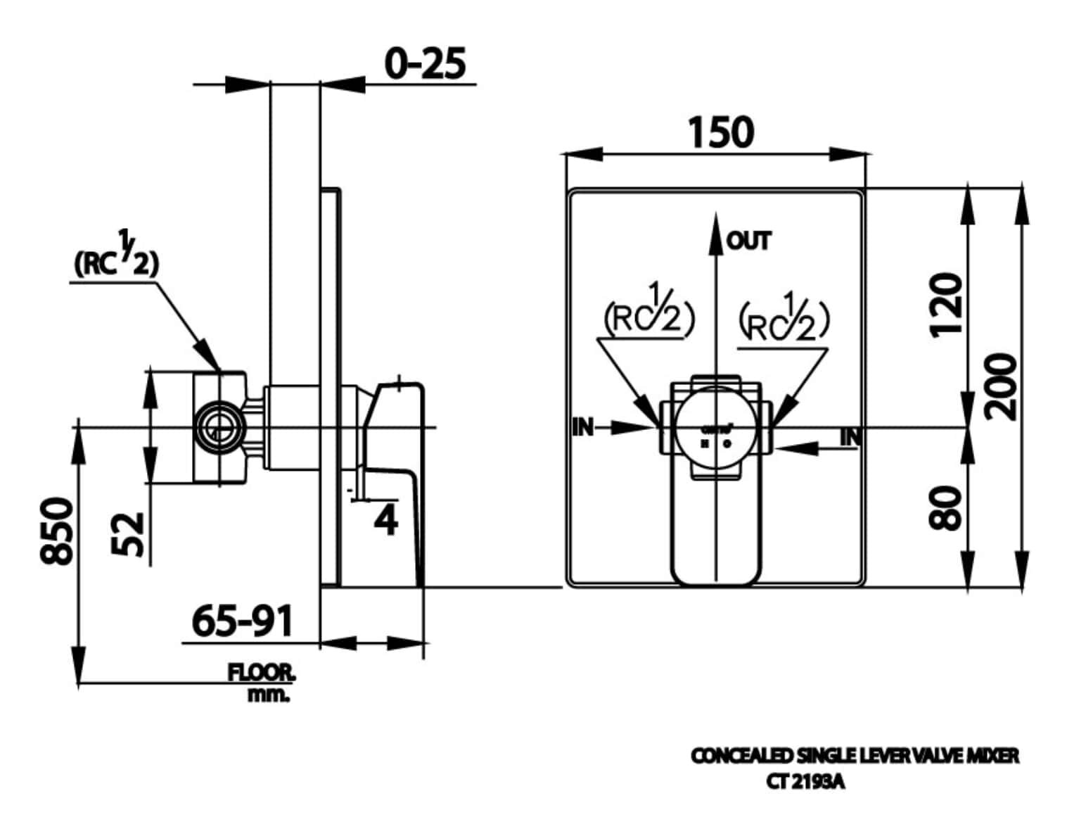 Bản vẽ kỹ thuật van điều chỉnh sen tắm âm tường nóng lạnh COTTO CT2193A