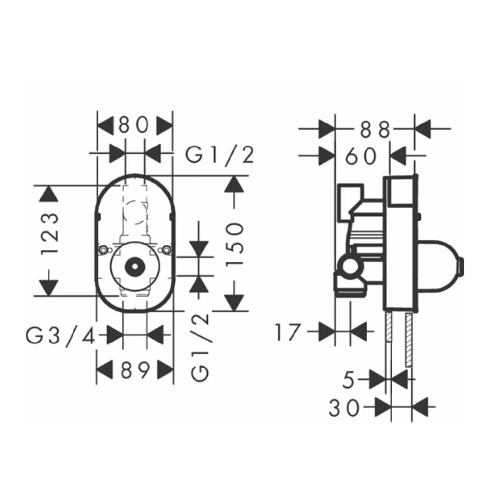 Bản vẽ kỹ thuật của bộ âm mặt nạ điều khiển Focus Hansgrohe 31741180