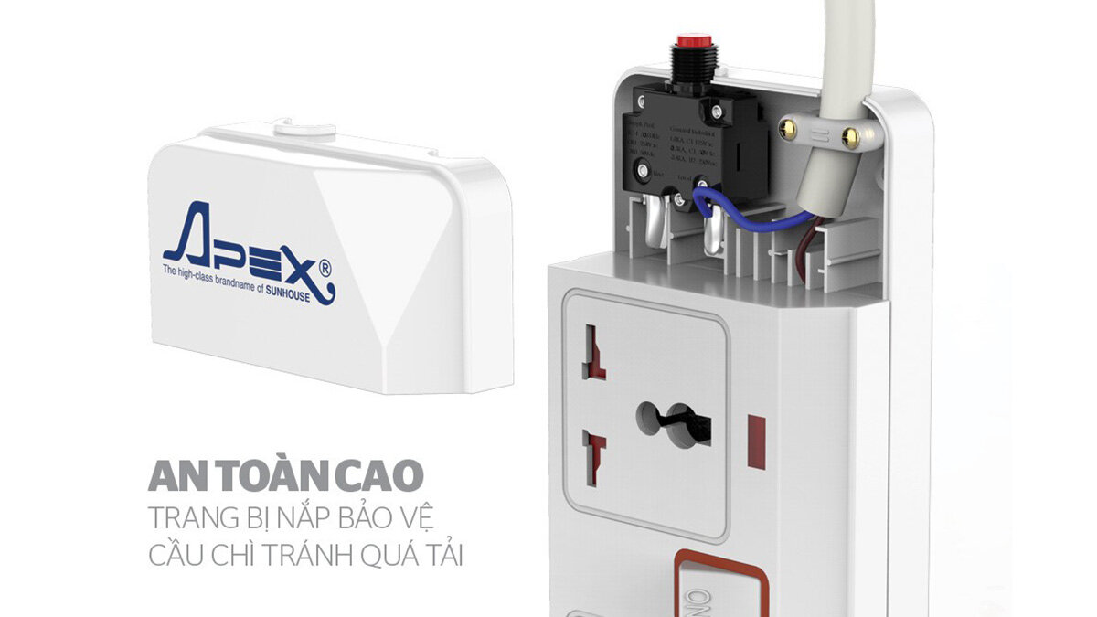 Apex APE OC2-5RD có nắp đậy an toàn và cầu chì bảo vệ quá tải