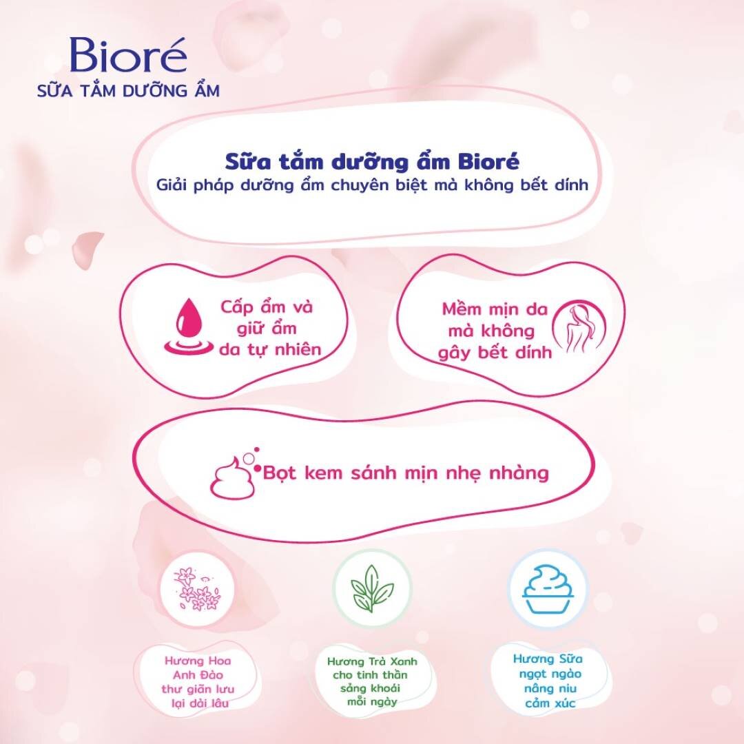 Sữa Tắm Dưỡng Ẩm Mịn Da Bioré Sữa Tắm Dưỡng Ẩm Mịn Da Bioré - Giải pháp dưỡng ẩm chuyên biệt mà không gây bết dính.