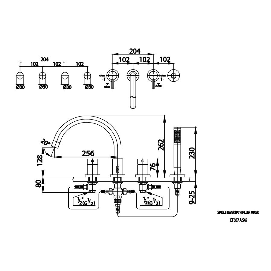 Bản vẽ kỹ thuật vòi xả bồn nóng lạnh COTTO 4 lỗ