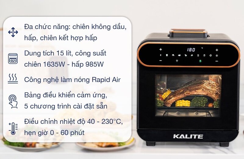Nồi chiên hấp đa năng Kalite Steam Pro 15 lít cho phép bạn tùy chỉnh nhiệt độ từ 40 đến 230 độ C