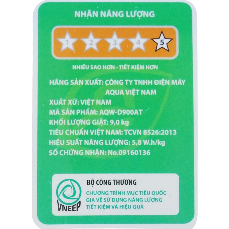Máy giặt Aqua Inverter 9 kg AQW-D900AT nhãn năng lượng